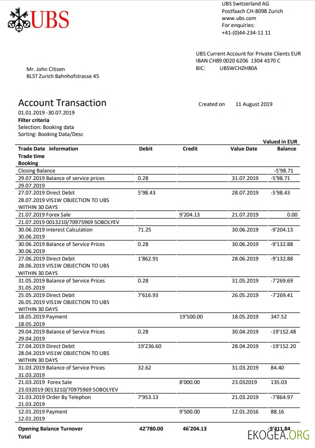 Modèle de justificatif de domicile de la banque UBS Suisse au format Word et PDF, version 1